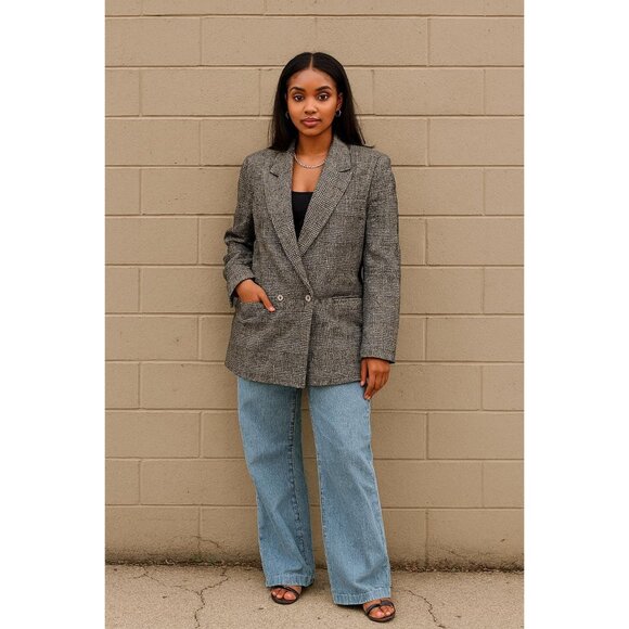 Vintage 1980s Oversized Plaid Blazer– Black, Grey & Cream Double‑Breasted Jacket - Picture 1 of 10
